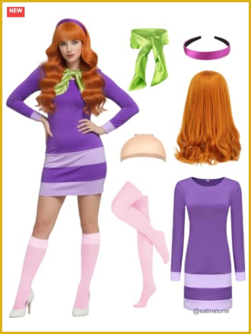 Daphne Costume Set Women Purple Dress Wig Headband Scarf Socks Cosplay
